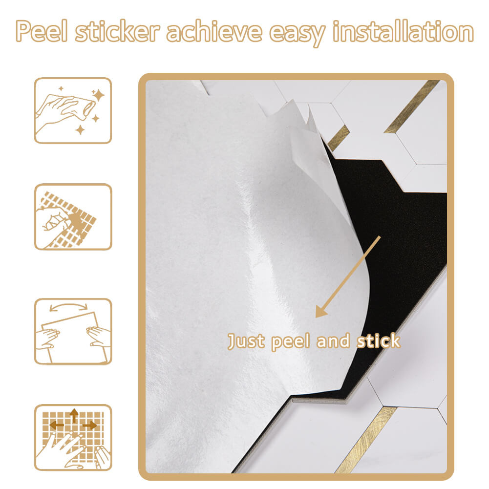 Peel and Stick Backsplash Tile Hexagon PVC White Marble with Gold Metal 5-Sheet